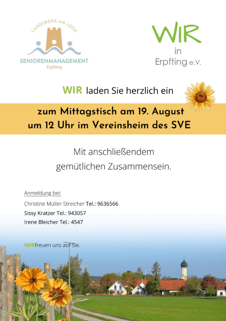 Mittagstisch am 19.08.2026 um 12 Uhr im Vereinsheim