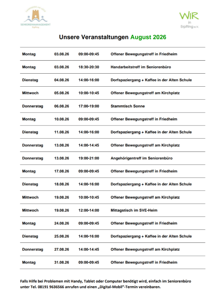WIR in Erpfting - Termine im August 2026